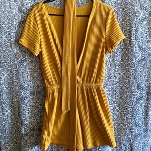 Mustard short sleeve romper with tie belt